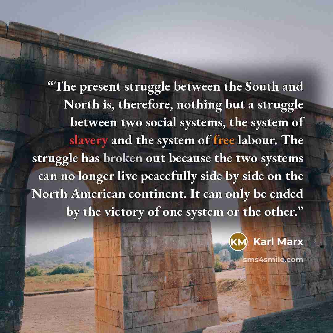 “The present struggle between the South and North is, therefore, nothing but a struggle between two social systems, the system of slavery and the system of free labour. The struggle has broken out because the two systems can no longer live peacefully side by side on the North American continent. It…” quote by Karl Marx