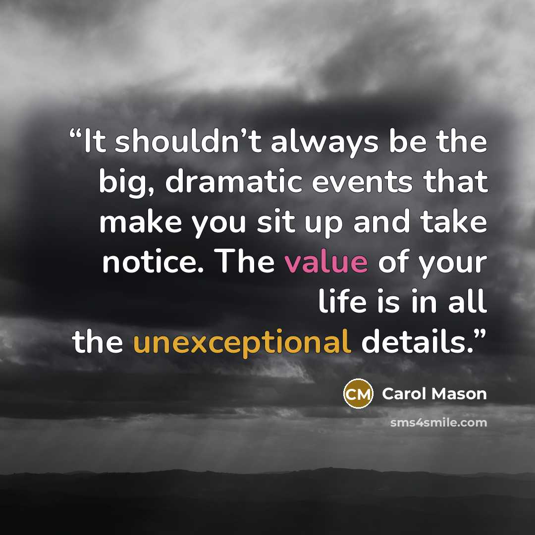 “It shouldn’t always be the big, dramatic events that make you sit up and take notice. The value of your life is in all the unexceptional details.” quote by Carol Mason