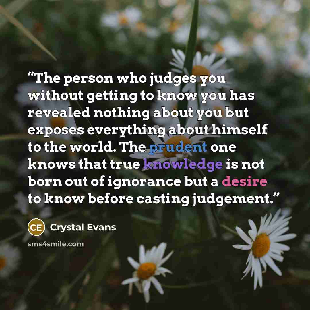 “The person who judges you without getting to know you has revealed nothing about you but exposes everything about himself to the world. The prudent one knows that true knowledge is not born out of ignorance but a desire to know before casting judgement.” quote by Crystal Evans