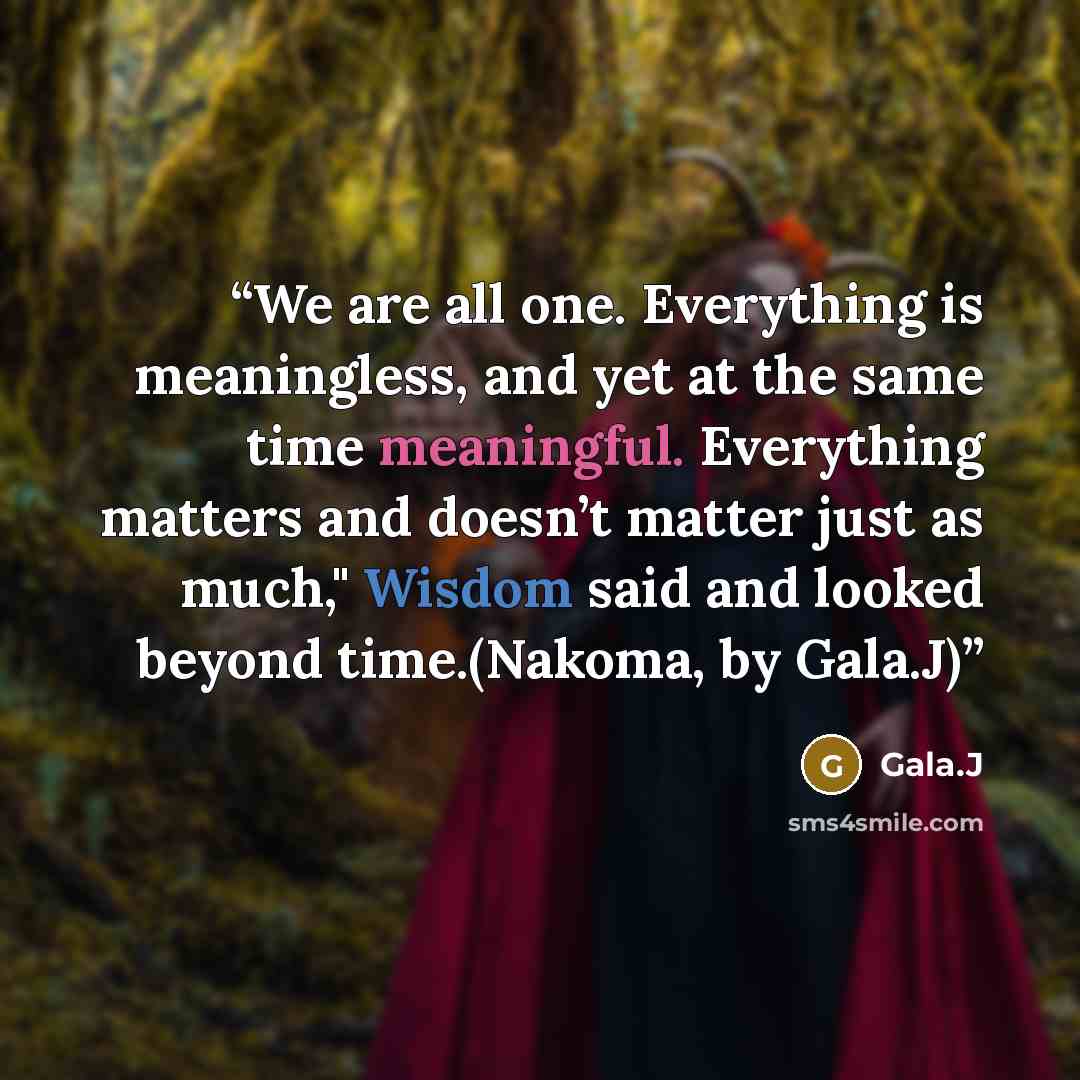“We are all one. Everything is meaningless, and yet at the same time meaningful. Everything matters and doesn’t matter just as much," Wisdom said and looked beyond time.(Nakoma, by Gala.J)” quote by Gala.J