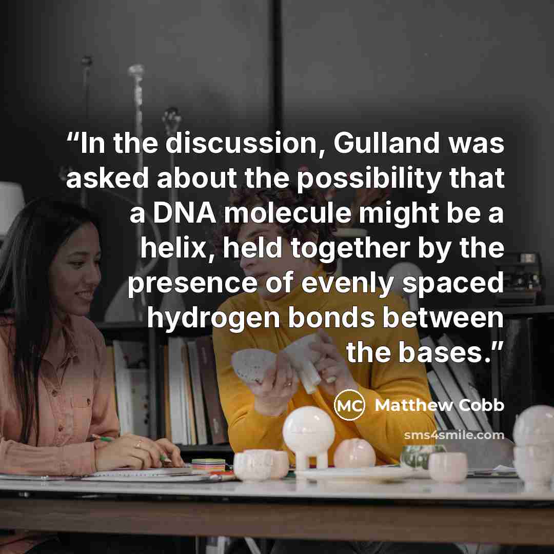 “In the discussion, Gulland was asked about the possibility that a DNA molecule might be a helix, held together by the presence of evenly spaced hydrogen bonds between the bases.” quote by Matthew Cobb