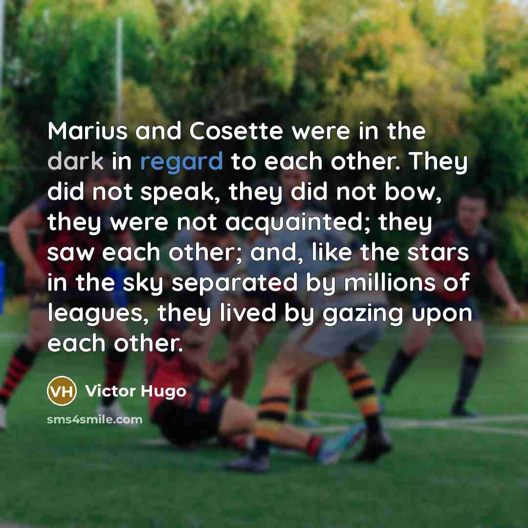 “Marius and Cosette were in the dark in regard to each other. They did not speak, they did not bow, they were not acquainted; they saw each other; and, like the stars in the sky separated by millions of leagues, they lived by gazing upon each other.” quote by Victor Hugo