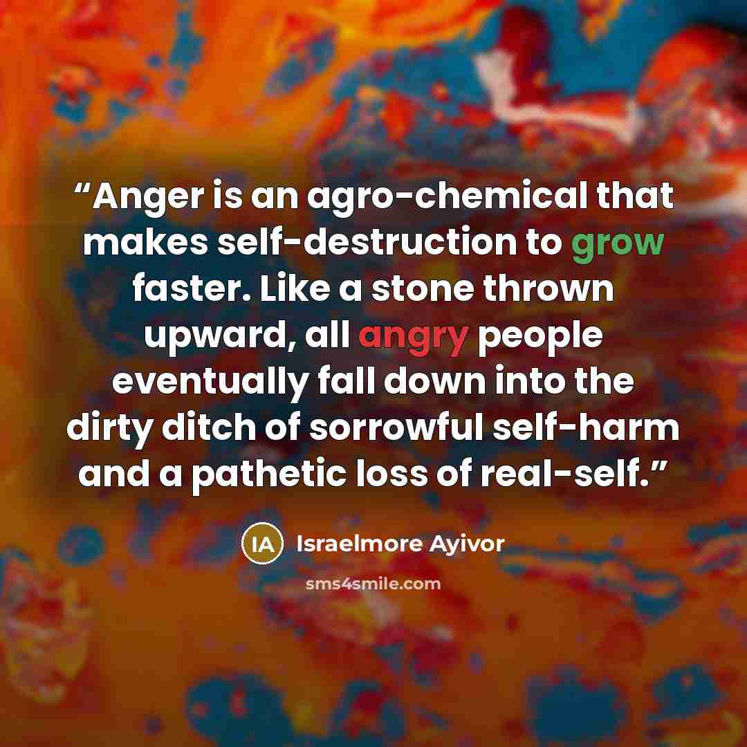 “Anger is an agro-chemical that makes self-destruction to grow faster. Like a stone thrown upward, all angry people eventually fall down into the dirty ditch of sorrowful self-harm and a pathetic loss of real-self.” quote by Israelmore Ayivor