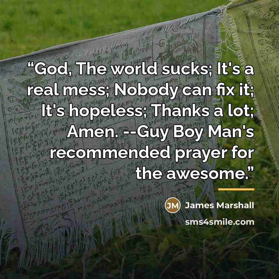 “God, The world sucks; It's a real mess; Nobody can fix it; It's hopeless; Thanks a lot; Amen. --Guy Boy Man's recommended prayer for the awesome.” quote by James Marshall