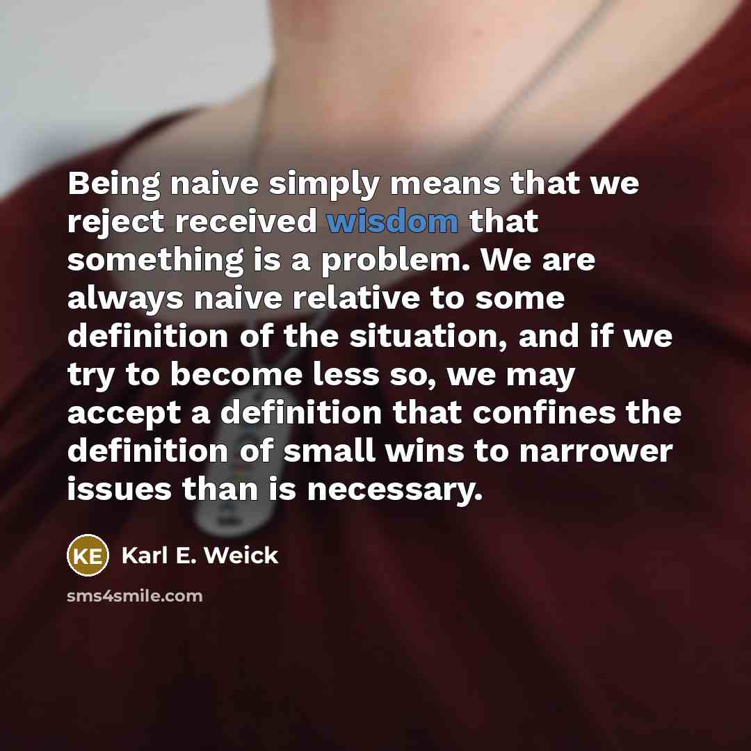 “Being naive simply means that we reject received wisdom that something is a problem. We are always naive relative to some definition of the situation, and if we try to become less so, we may accept a definition that confines the definition of small wins to narrower issues than is necessary.” quote by Karl E. Weick