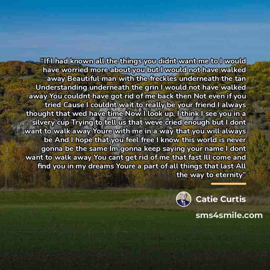 “If I had known all the things you didnt want me to I would have worried more about you but I would not have walked away Beautiful man with the freckles underneath the tan Understanding underneath the grin I would not have walked away You couldnt have got rid of me back then Not even if you tried…” quote by Catie Curtis