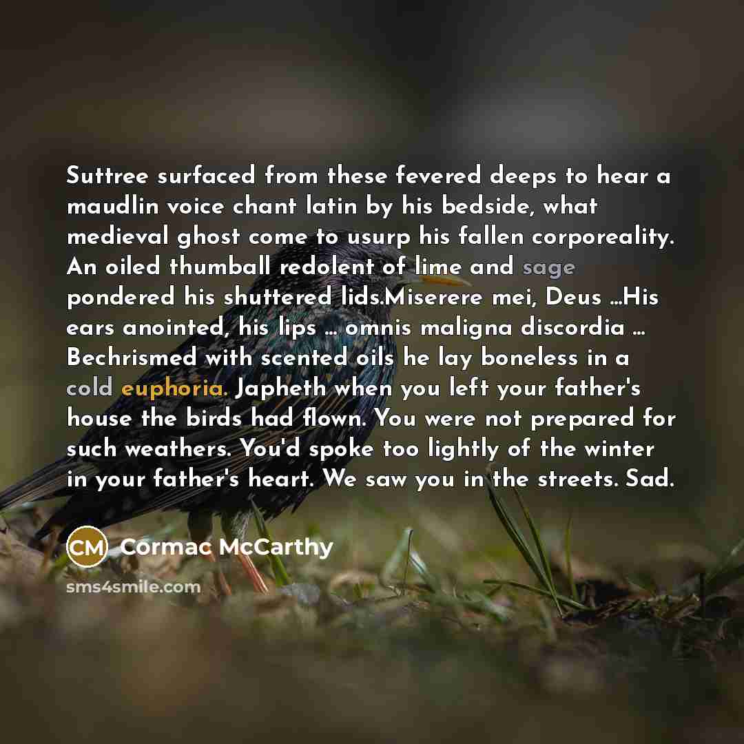 “Suttree surfaced from these fevered deeps to hear a maudlin voice chant latin by his bedside, what medieval ghost come to usurp his fallen corporeality. An oiled thumball redolent of lime and sage pondered his shuttered lids.Miserere mei, Deus ...His ears anointed, his lips ... omnis maligna…” quote by Cormac McCarthy