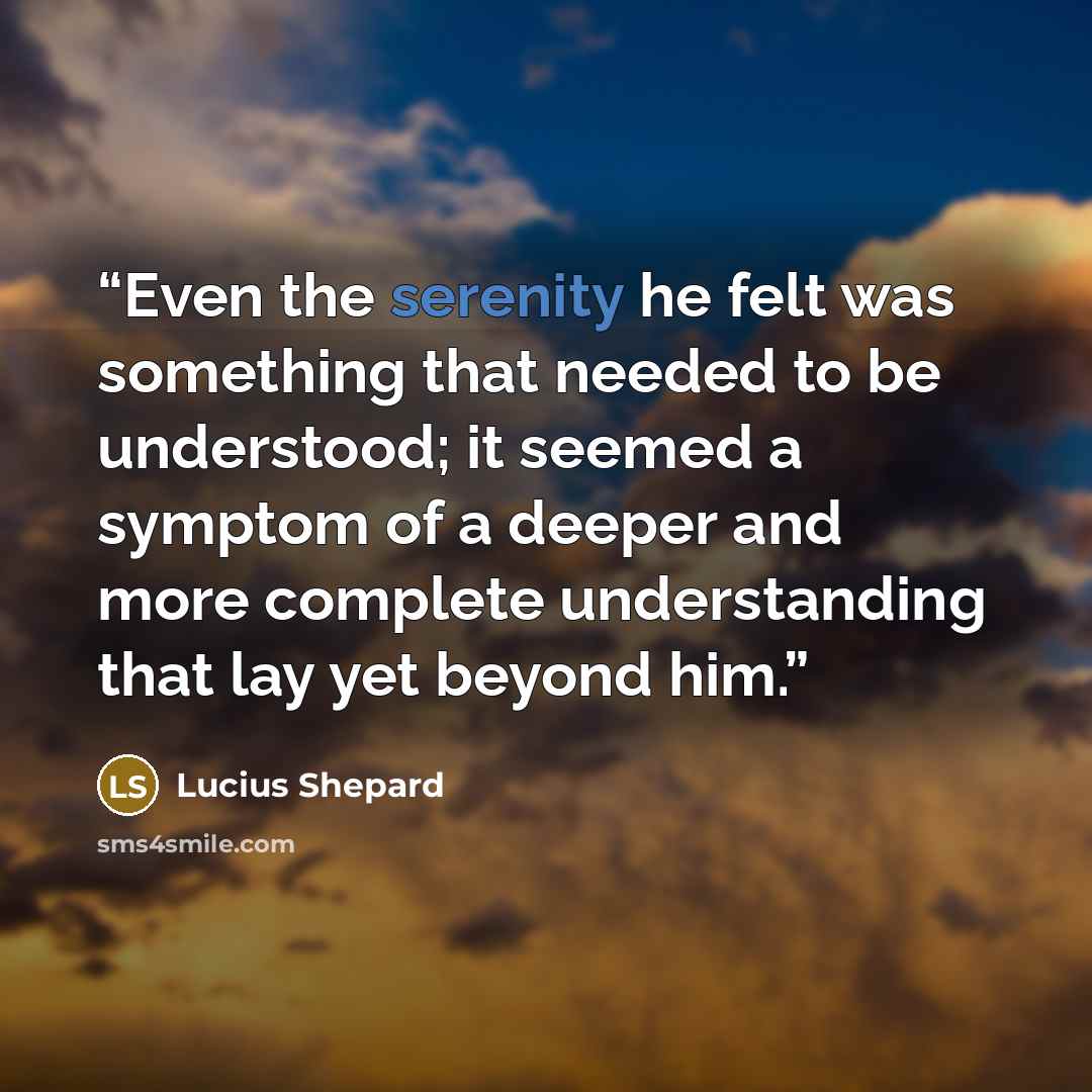 “Even the serenity he felt was something that needed to be understood; it seemed a symptom of a deeper and more complete understanding that lay yet beyond him.” quote by Lucius Shepard