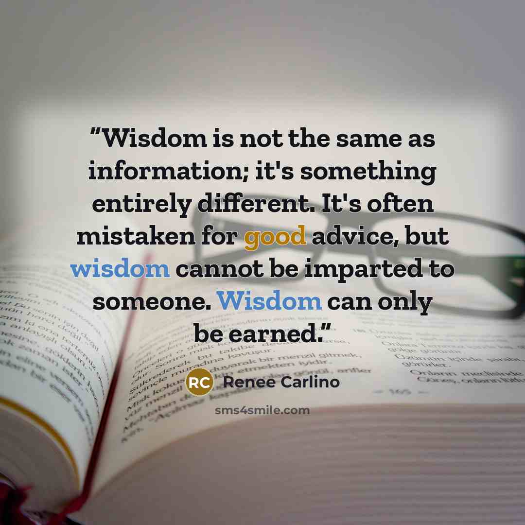 “Wisdom is not the same as information; it's something entirely different. It's often mistaken for good advice, but wisdom cannot be imparted to someone. Wisdom can only be earned.” quote by Renee Carlino