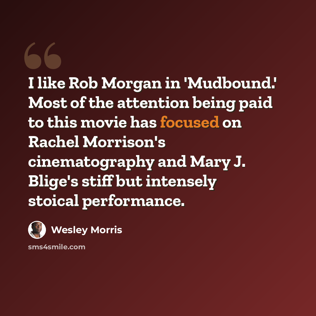 “I like Rob Morgan in 'Mudbound.' Most of the attention being paid to this movie has focused on Rachel Morrison's cinematography and Mary J. Blige's stiff but intensely stoical performance.” quote by Wesley Morris