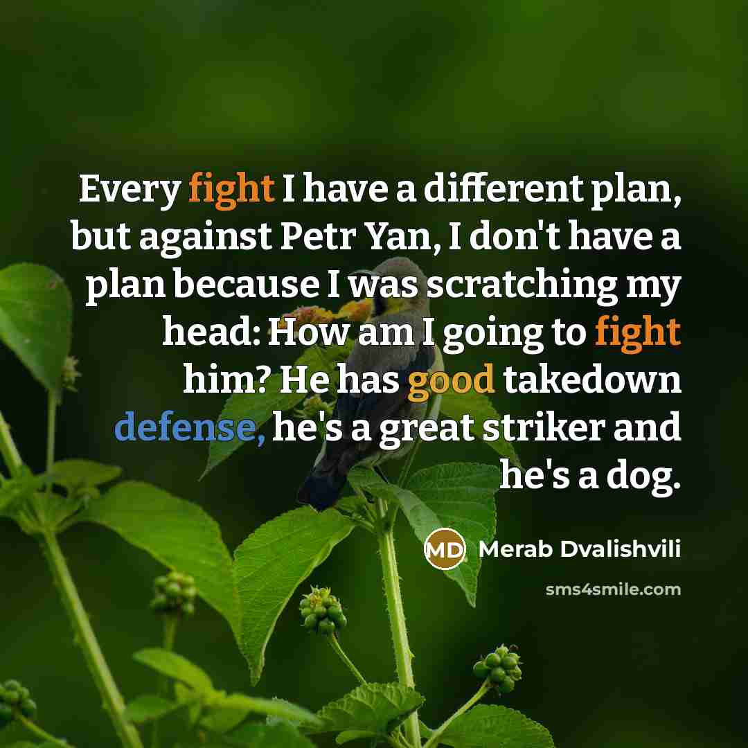 “Every fight I have a different plan, but against Petr Yan, I don't have a plan because I was scratching my head: How am I going to fight him? He has good takedown defense, he's a great striker and he's a dog.” quote by Merab Dvalishvili