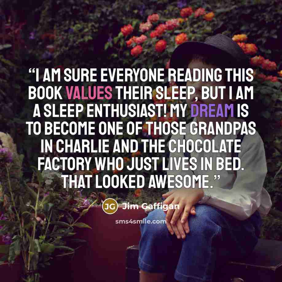 “I am sure everyone reading this book values their sleep, but I am a sleep enthusiast! My dream is to become one of those grandpas in Charlie and the Chocolate Factory who just lives in bed. That looked awesome.” quote by Jim Gaffigan