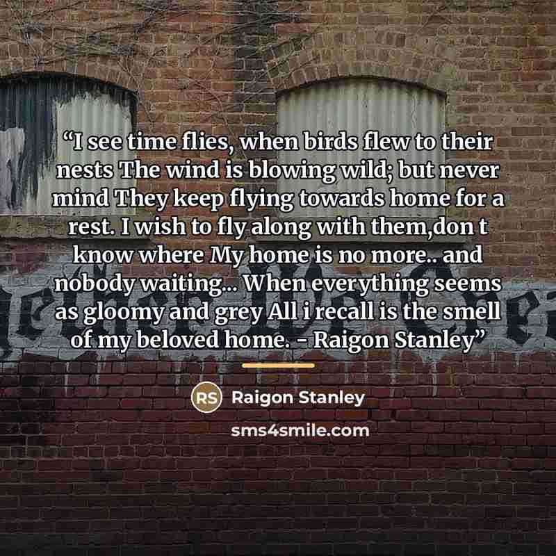 “I see time flies, when birds flew to their nests The wind is blowing wild; but never mind They keep flying towards home for a rest. I wish to fly along with them,don t know where My home is no more.. and nobody waiting... When everything seems as gloomy and grey All i recall is the smell of my…” quote by Raigon Stanley