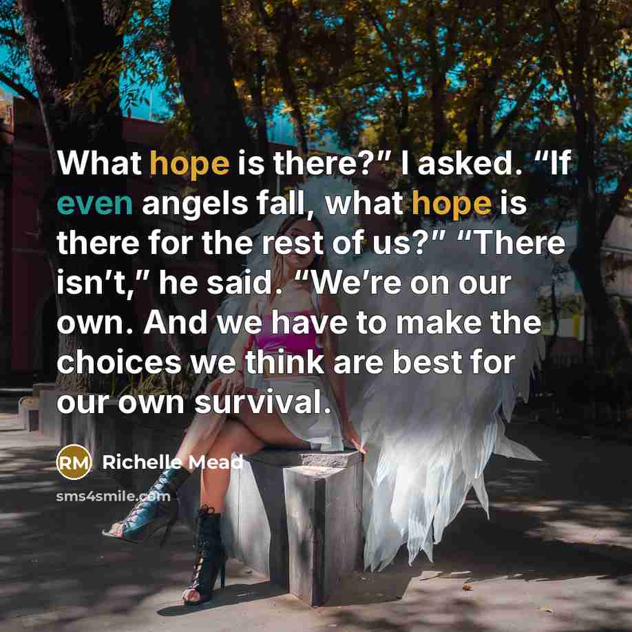 “What hope is there?” I asked. “If even angels fall, what hope is there for the rest of us?” “There isn’t,” he said. “We’re on our own. And we have to make the choices we think are best for our own survival.” quote by Richelle Mead