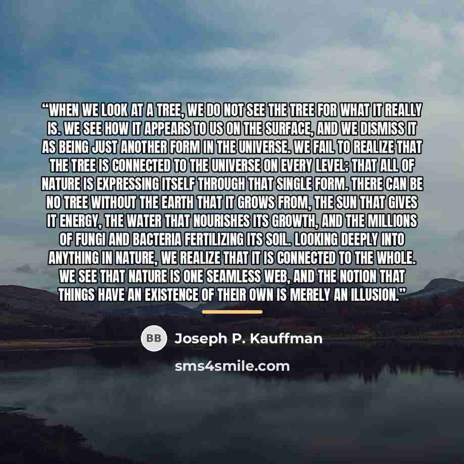 “When we look at a tree, we do not see the tree for what it really is. We see how it appears to us on the surface, and we dismiss it as being just another form in the Universe. We fail to realize that the tree is connected to the Universe on every level; that all of nature is expressing itself…” quote by Joseph P. Kauffman