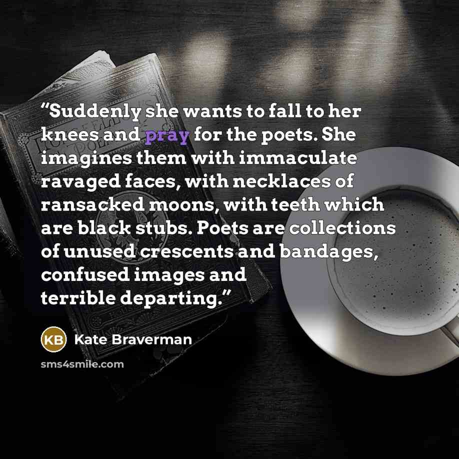 “Suddenly she wants to fall to her knees and pray for the poets. She imagines them with immaculate ravaged faces, with necklaces of ransacked moons, with teeth which are black stubs. Poets are collections of unused crescents and bandages, confused images and terrible departing.” quote by Kate Braverman