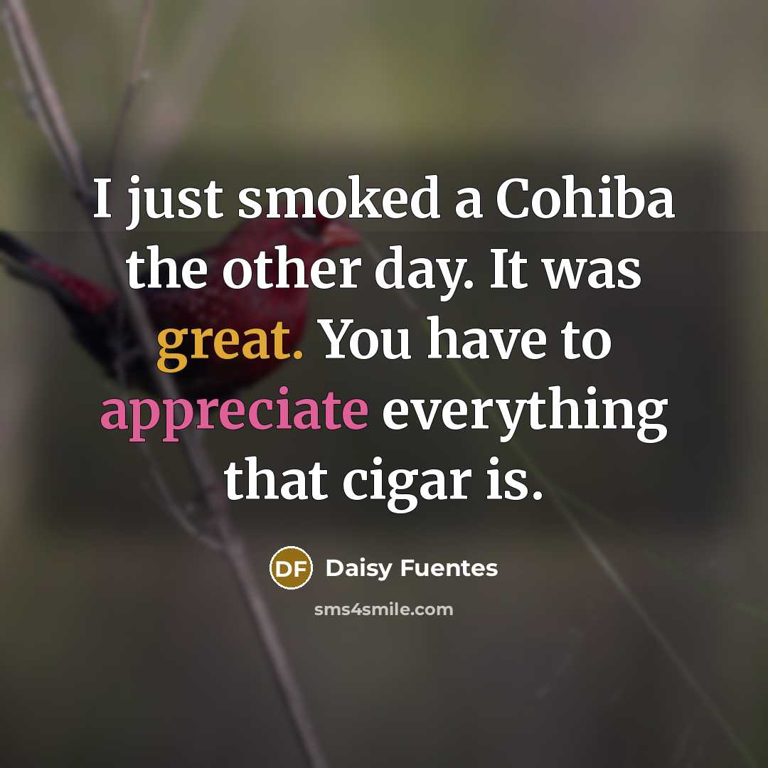 “I just smoked a Cohiba the other day. It was great. You have to appreciate everything that cigar is.” quote by Daisy Fuentes