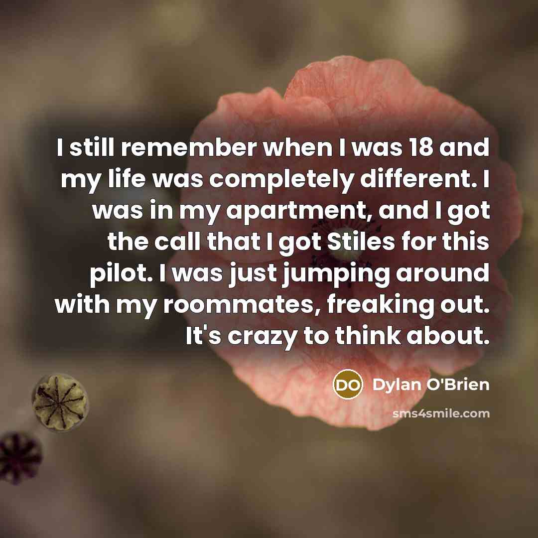 “I still remember when I was 18 and my life was completely different. I was in my apartment, and I got the call that I got Stiles for this pilot. I was just jumping around with my roommates, freaking out. It's crazy to think about.” quote by Dylan O'Brien
