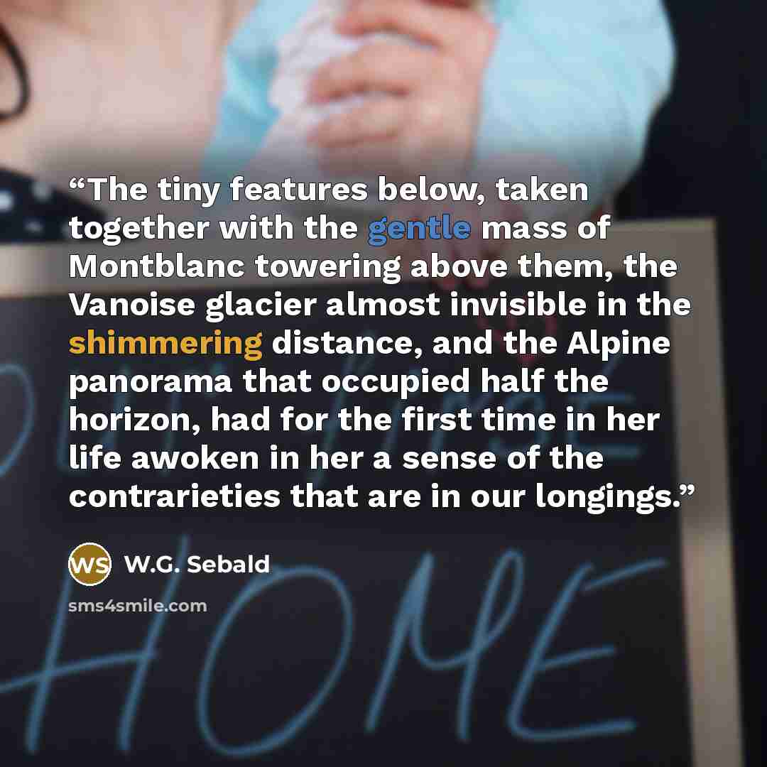 “The tiny features below, taken together with the gentle mass of Montblanc towering above them, the Vanoise glacier almost invisible in the shimmering distance, and the Alpine panorama that occupied half the horizon, had for the first time in her life awoken in her a sense of the contrarieties that…” quote by W.G. Sebald