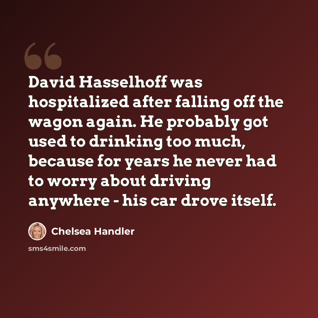 “David Hasselhoff was hospitalized after falling off the wagon again. He probably got used to drinking too much, because for years he never had to worry about driving anywhere - his car drove itself.” quote by Chelsea Handler