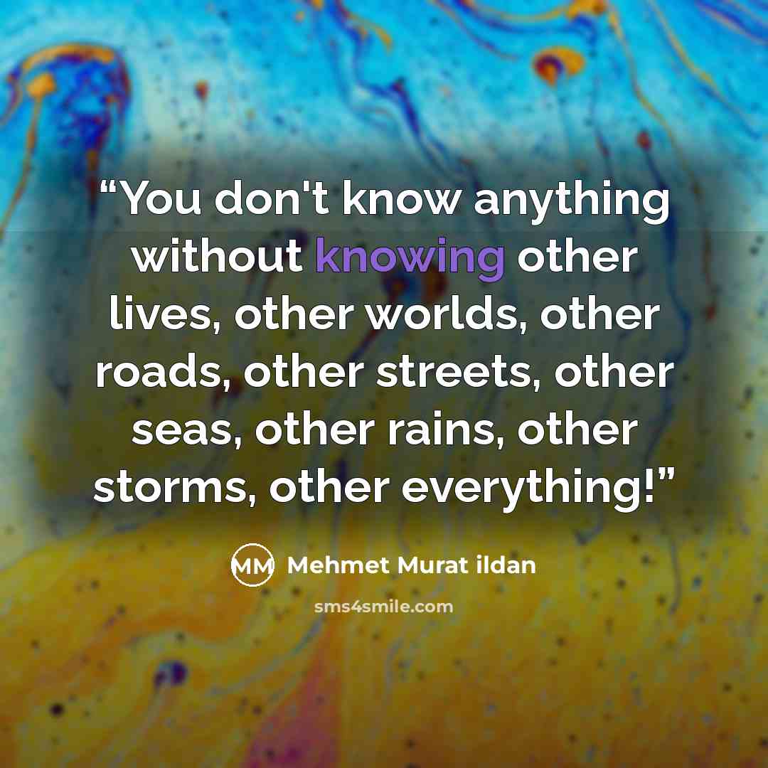 “You don't know anything without knowing other lives, other worlds, other roads, other streets, other seas, other rains, other storms, other everything!” quote by Mehmet Murat ildan