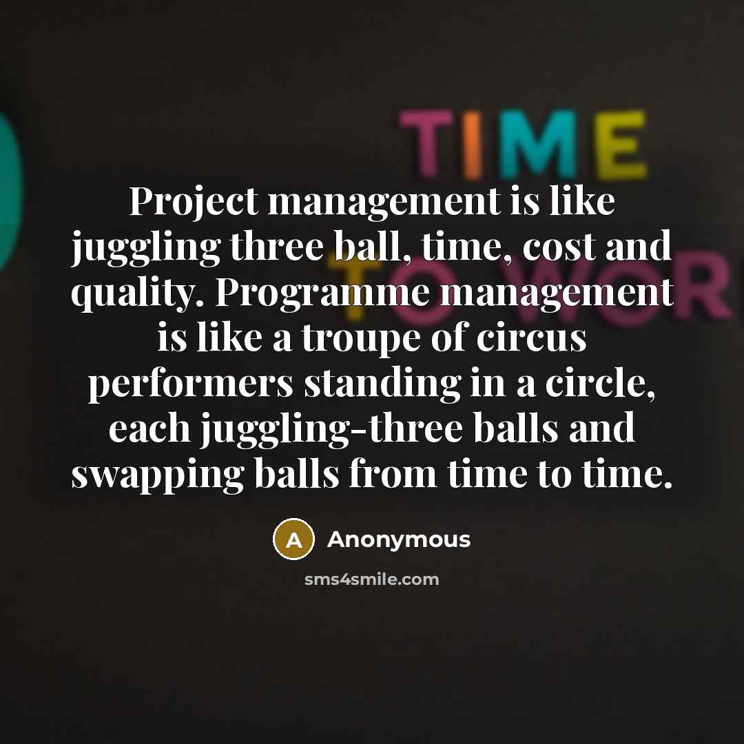 “Project management is like juggling three ball, time, cost and quality. Programme management is like a troupe of circus performers standing in a circle, each juggling-three balls and swapping balls from time to time.” quote by Anonymous