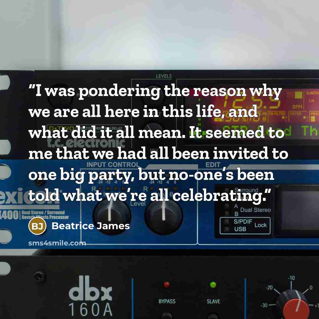 “I was pondering the reason why we are all here in this life, and what did it all mean. It seemed to me that we had all been invited to one big party, but no-one’s been told what we’re all celebrating.” quote by Beatrice James