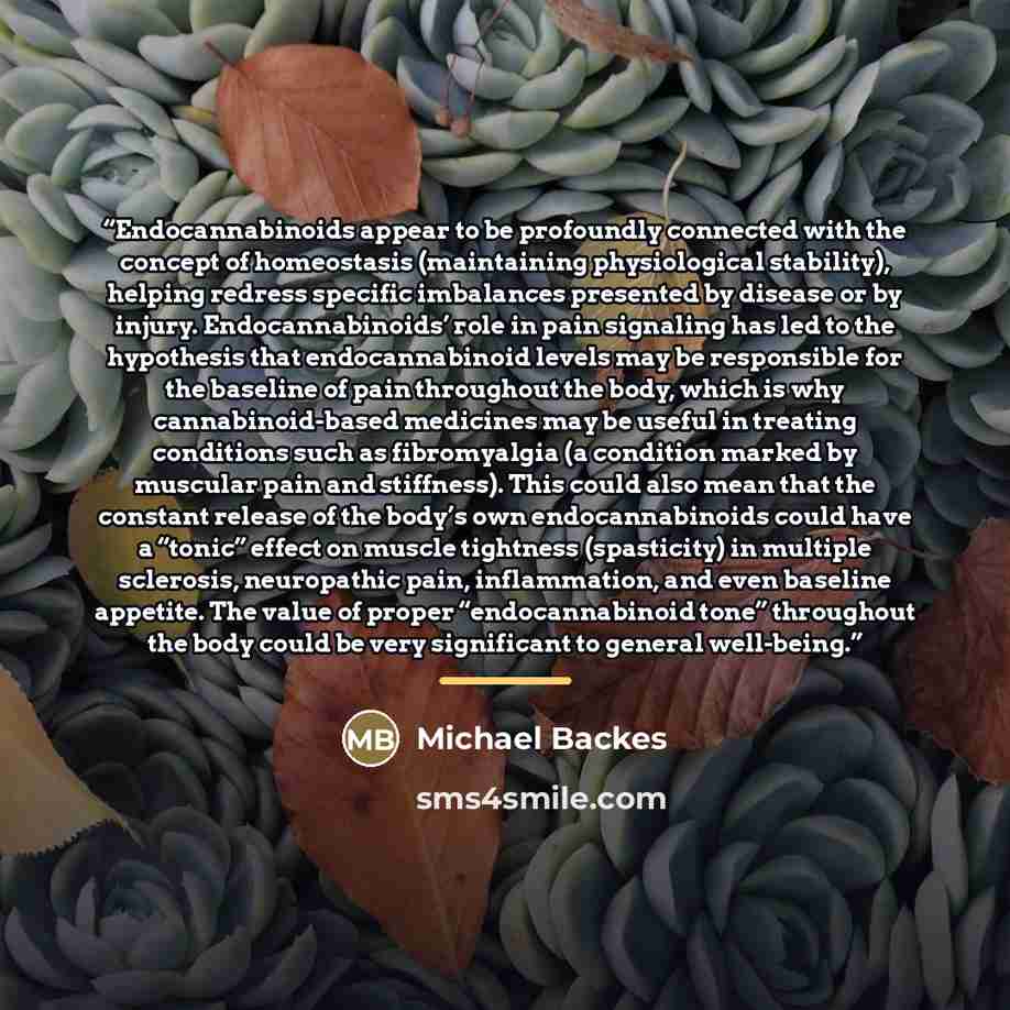 “Endocannabinoids appear to be profoundly connected with the concept of homeostasis (maintaining physiological stability), helping redress specific imbalances presented by disease or by injury. Endocannabinoids’ role in pain signaling has led to the hypothesis that endocannabinoid levels may be…” quote by Michael Backes