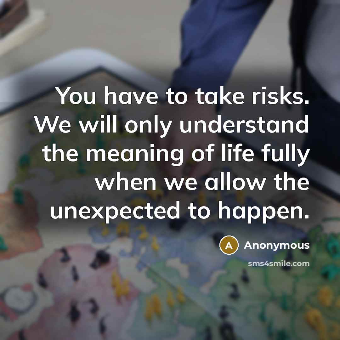 “You have to take risks. We will only understand the meaning of life fully when we allow the unexpected to happen.” quote by Anonymous
