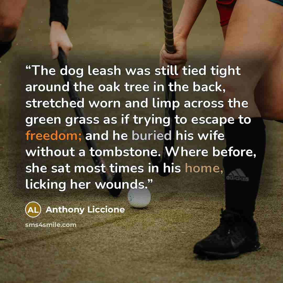 “The dog leash was still tied tight around the oak tree in the back, stretched worn and limp across the green grass as if trying to escape to freedom; and he buried his wife without a tombstone. Where before, she sat most times in his home, licking her wounds.” quote by Anthony Liccione