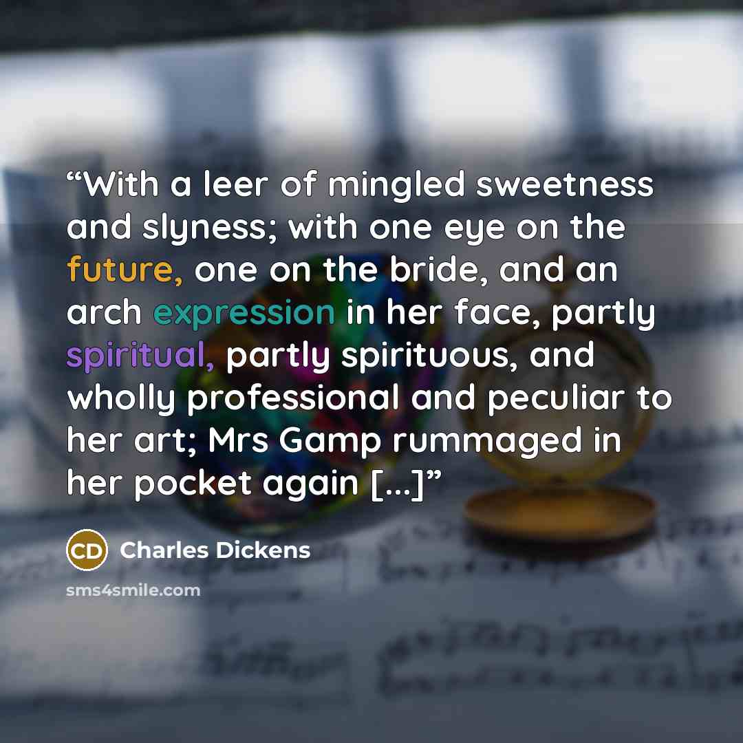 “With a leer of mingled sweetness and slyness; with one eye on the future, one on the bride, and an arch expression in her face, partly spiritual, partly spirituous, and wholly professional and peculiar to her art; Mrs Gamp rummaged in her pocket again [...]” quote by Charles Dickens