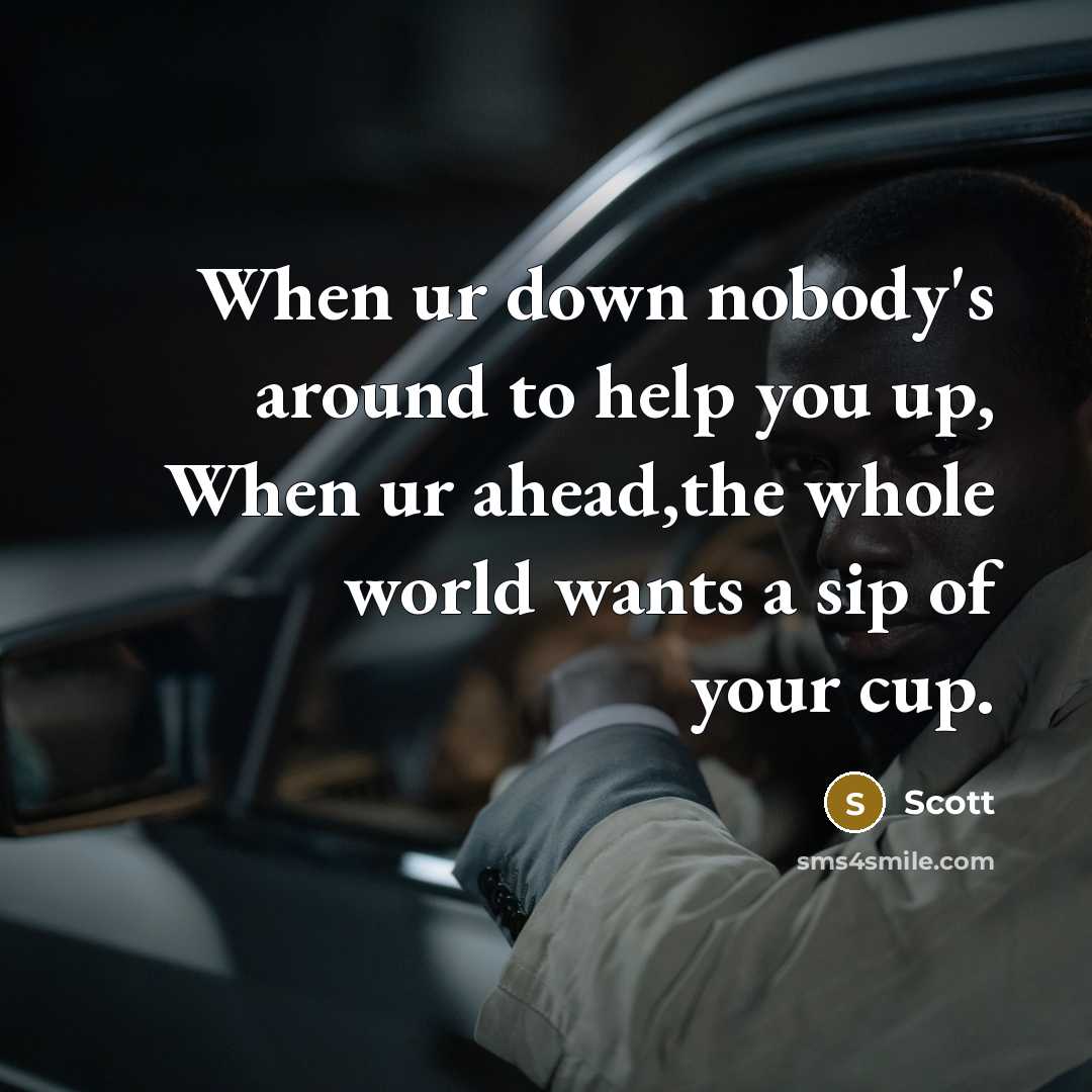 “When ur down nobody's around to help you up, When ur ahead,the whole world wants a sip of your cup.” quote by Scott