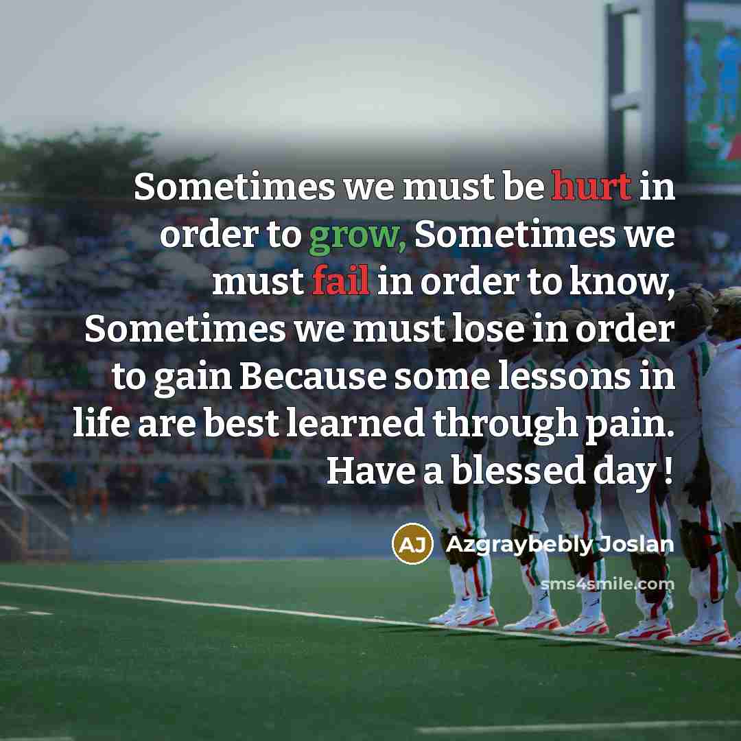 “Sometimes we must be hurt in order to grow, Sometimes we must fail in order to know, Sometimes we must lose in order to gain Because some lessons in life are best learned through pain. Have a blessed day !” quote by Azgraybebly Joslan