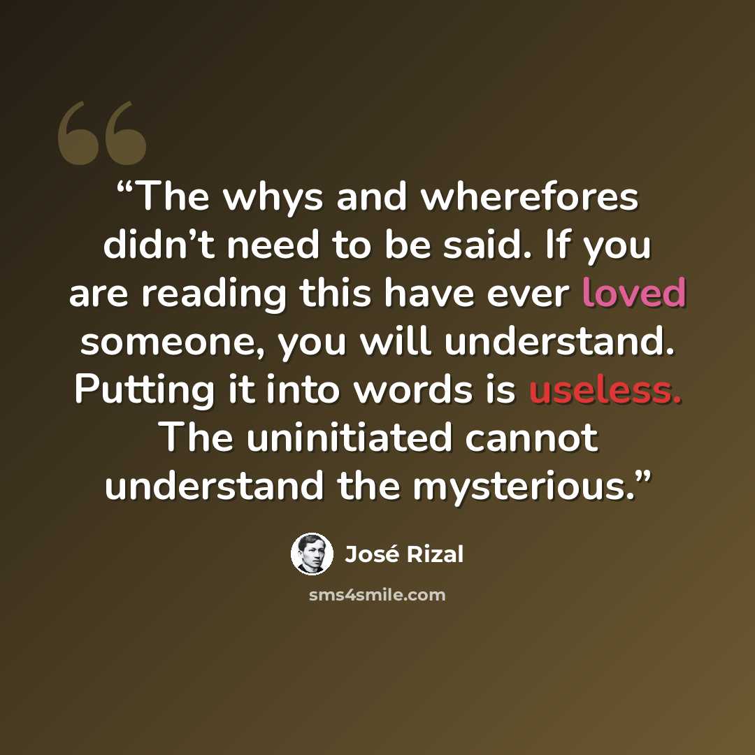 “The whys and wherefores didn’t need to be said. If you are reading this have ever loved someone, you will understand. Putting it into words is useless. The uninitiated cannot understand the mysterious.” quote by José Rizal