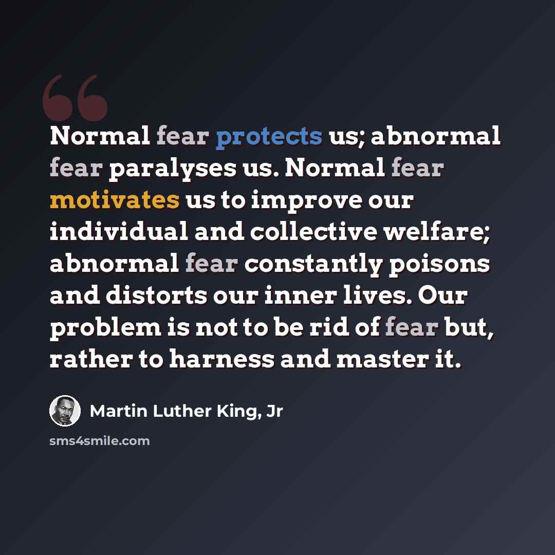 “Normal fear protects us; abnormal fear paralyses us. Normal fear motivates us to improve our individual and collective welfare; abnormal fear constantly poisons and distorts our inner lives. Our problem is not to be rid of fear but, rather to harness and master it.” quote by Martin Luther King, Jr