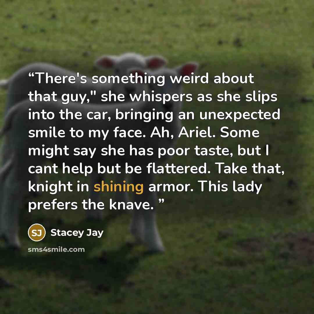 “There's something weird about that guy," she whispers as she slips into the car, bringing an unexpected smile to my face. Ah, Ariel. Some might say she has poor taste, but I cant help but be flattered. Take that, knight in shining armor. This lady prefers the knave.” quote by Stacey Jay