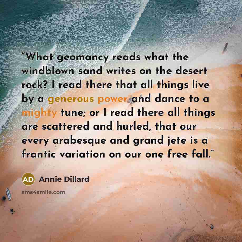 “What geomancy reads what the windblown sand writes on the desert rock? I read there that all things live by a generous power and dance to a mighty tune; or I read there all things are scattered and hurled, that our every arabesque and grand jete is a frantic variation on our one free fall.” quote by Annie Dillard