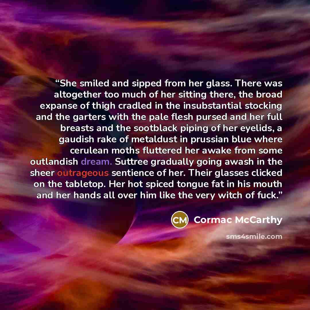 “She smiled and sipped from her glass. There was altogether too much of her sitting there, the broad expanse of thigh cradled in the insubstantial stocking and the garters with the pale flesh pursed and her full breasts and the sootblack piping of her eyelids, a gaudish rake of metaldust in…” quote by Cormac McCarthy