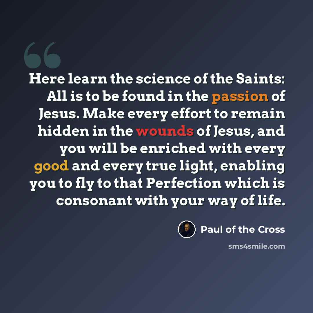 “Here learn the science of the Saints: All is to be found in the passion of Jesus. Make every effort to remain hidden in the wounds of Jesus, and you will be enriched with every good and every true light, enabling you to fly to that Perfection which is consonant with your way of life.” quote by Paul of the Cross