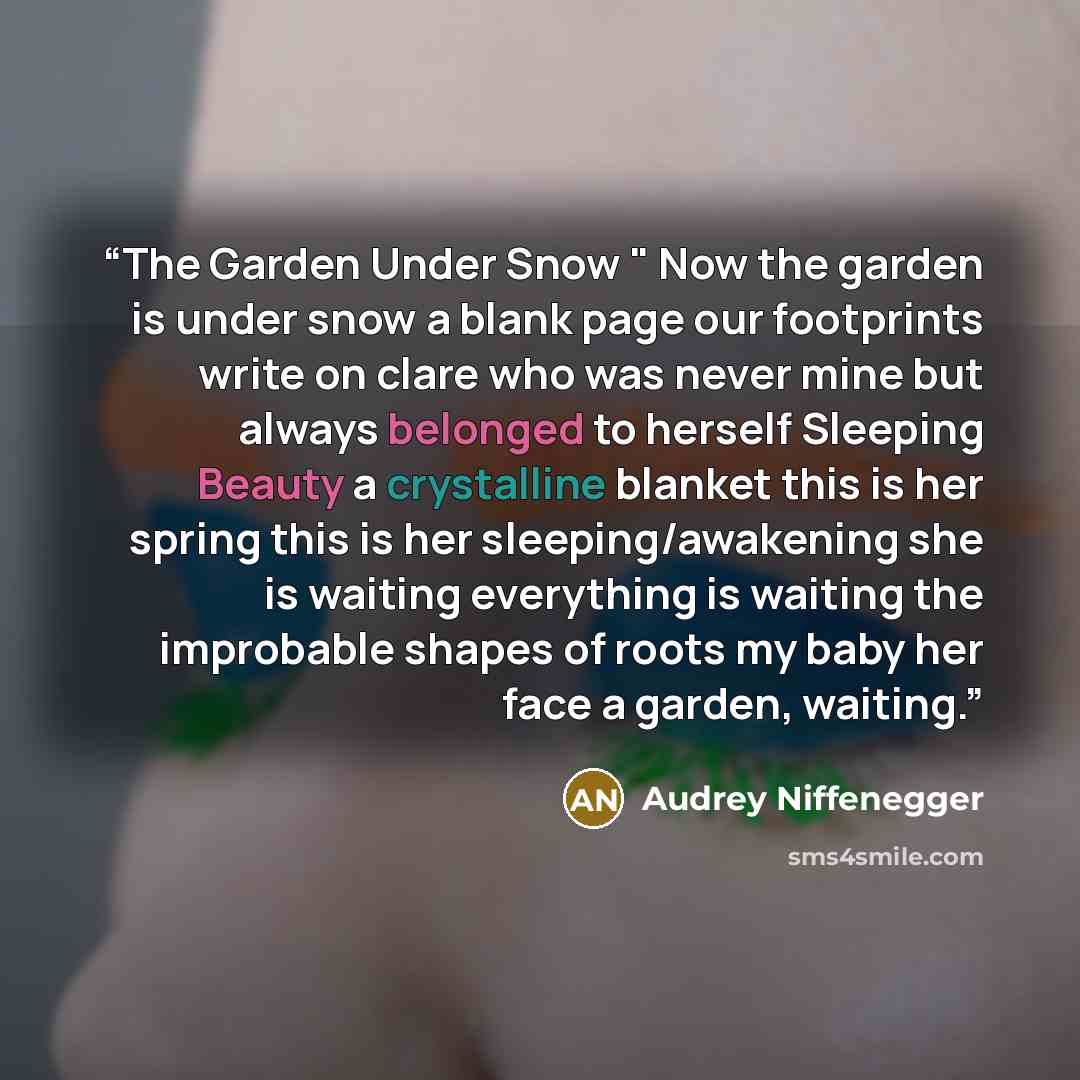 “The Garden Under Snow " Now the garden is under snow a blank page our footprints write on clare who was never mine but always belonged to herself Sleeping Beauty a crystalline blanket this is her spring this is her sleeping/awakening she is waiting everything is waiting the improbable shapes of…” quote by Audrey Niffenegger