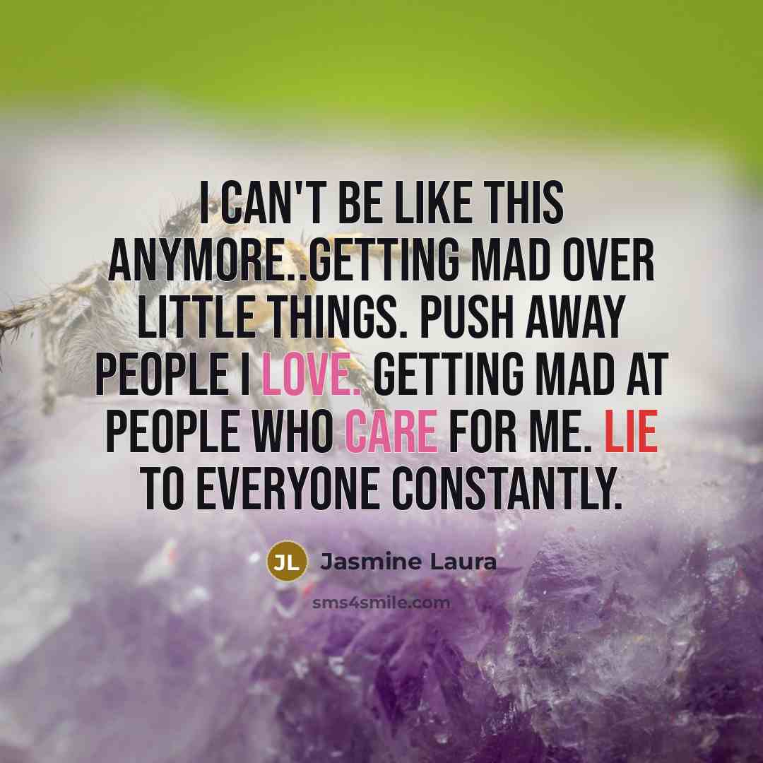 “I can't be like this anymore..Getting mad over little things. Push away people I love. Getting mad at people who care for me. Lie to everyone constantly.” quote by Jasmine Laura