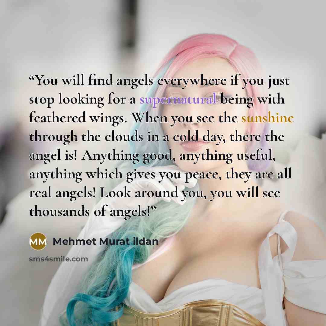 “You will find angels everywhere if you just stop looking for a supernatural being with feathered wings. When you see the sunshine through the clouds in a cold day, there the angel is! Anything good, anything useful, anything which gives you peace, they are all real angels! Look around you, you…” quote by Mehmet Murat ildan