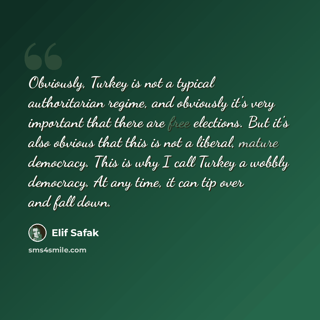 “Obviously, Turkey is not a typical authoritarian regime, and obviously it's very important that there are free elections. But it's also obvious that this is not a liberal, mature democracy. This is why I call Turkey a wobbly democracy. At any time, it can tip over and fall down.” quote by Elif Safak