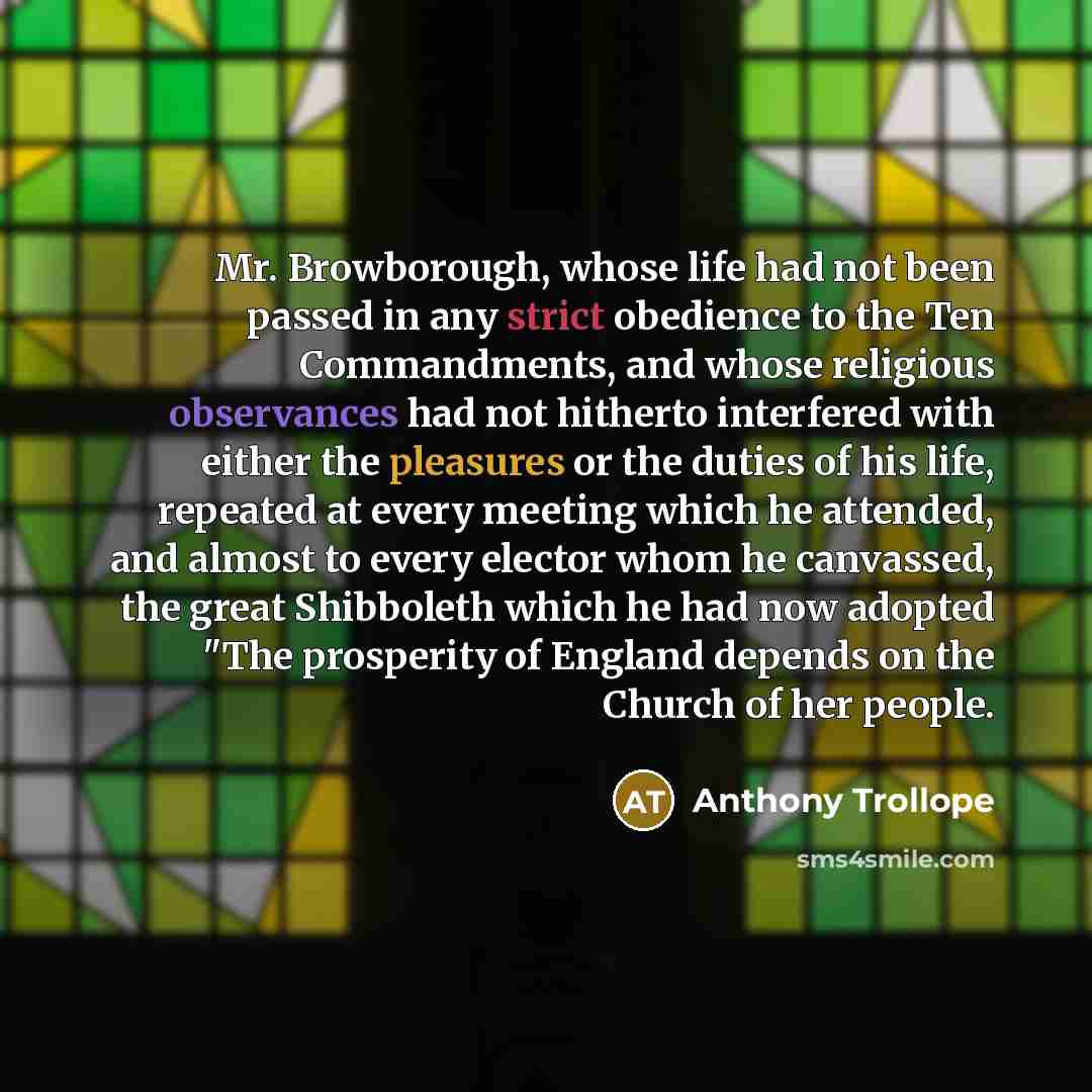 “Mr. Browborough, whose life had not been passed in any strict obedience to the Ten Commandments, and whose religious observances had not hitherto interfered with either the pleasures or the duties of his life, repeated at every meeting which he attended, and almost to every elector whom he…” quote by Anthony Trollope