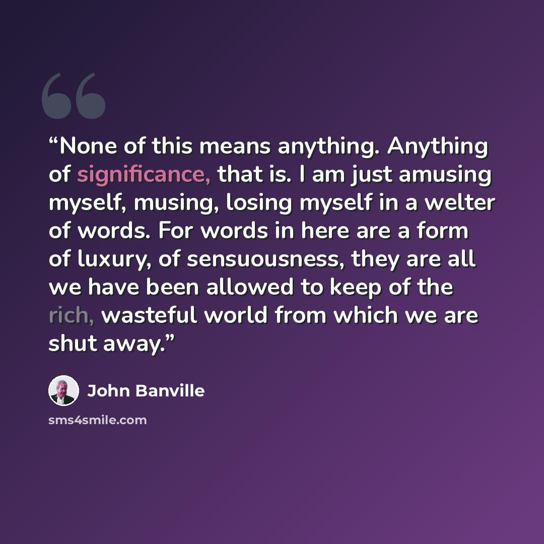 “None of this means anything. Anything of significance, that is. I am just amusing myself, musing, losing myself in a welter of words. For words in here are a form of luxury, of sensuousness, they are all we have been allowed to keep of the rich, wasteful world from which we are shut away.” quote by John Banville