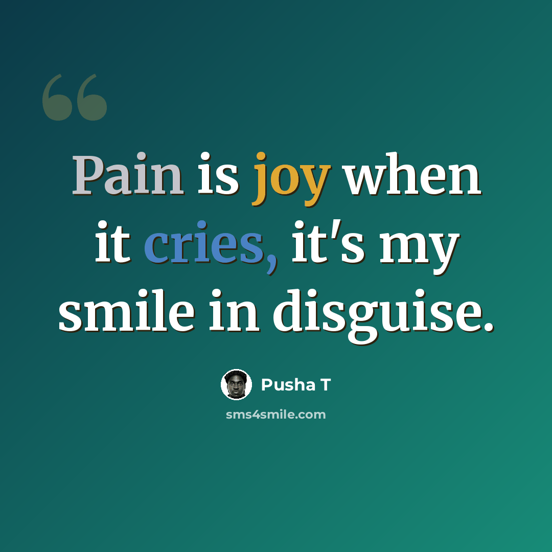 “Pain is joy when it cries, it's my smile in disguise.” quote by Pusha T