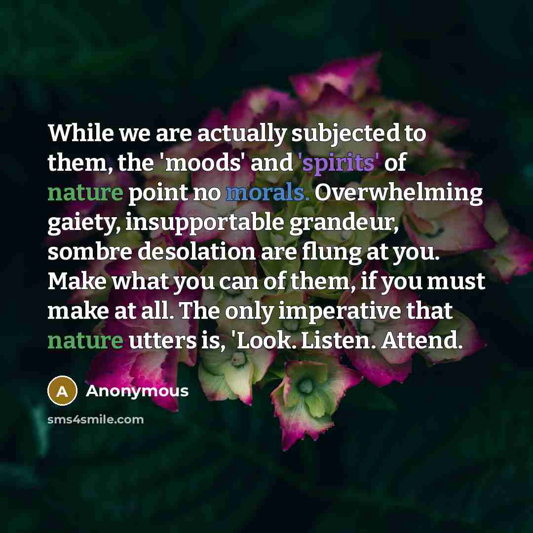 “While we are actually subjected to them, the 'moods' and 'spirits' of nature point no morals. Overwhelming gaiety, insupportable grandeur, sombre desolation are flung at you. Make what you can of them, if you must make at all. The only imperative that nature utters is, 'Look. Listen. Attend.” quote by Anonymous