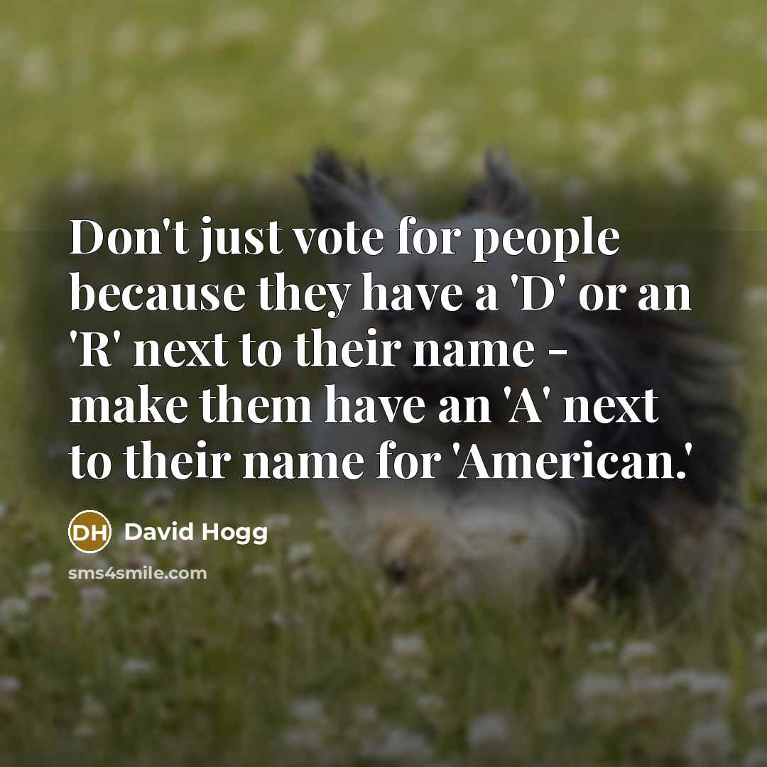 “Don't just vote for people because they have a 'D' or an 'R' next to their name - make them have an 'A' next to their name for 'American.'” quote by David Hogg