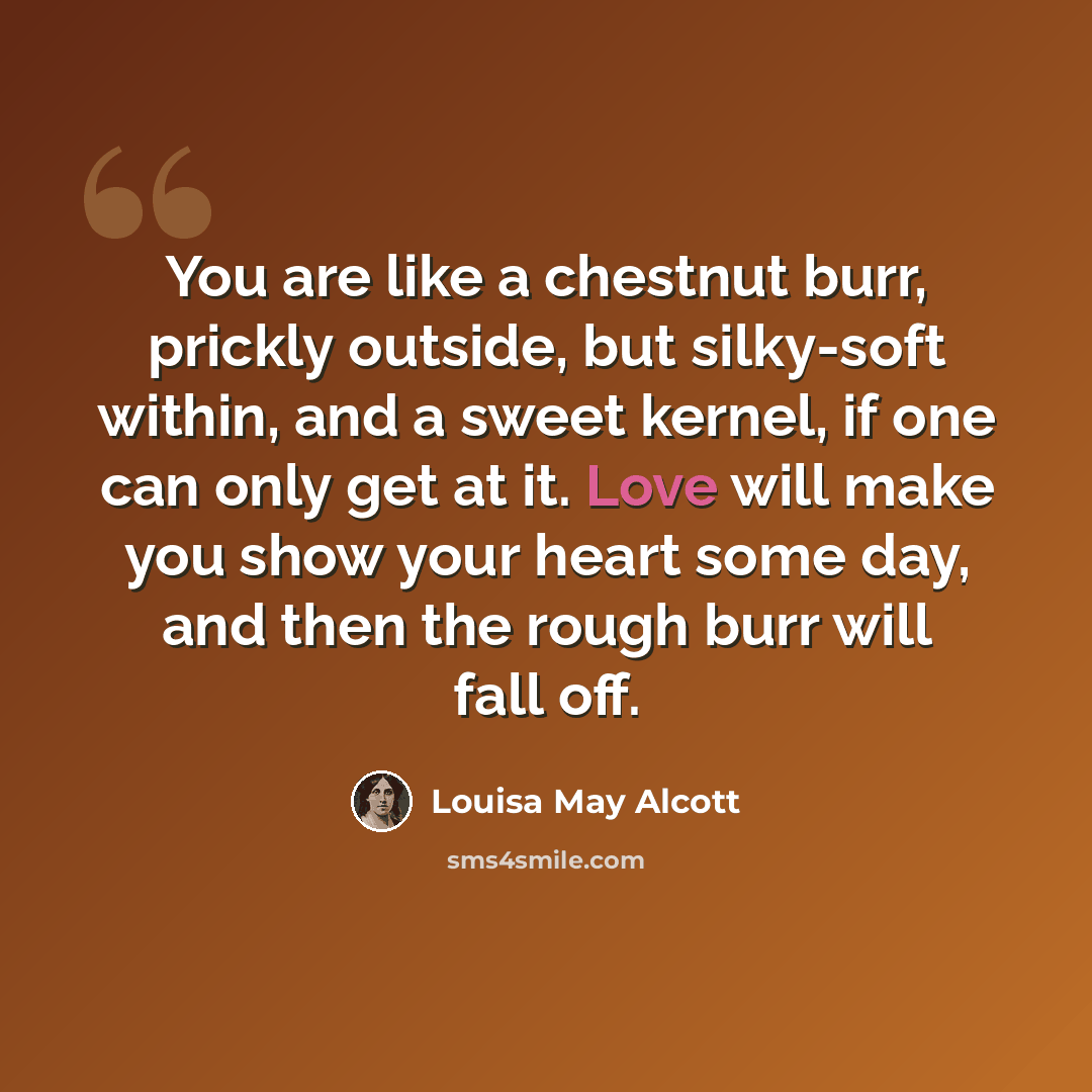 “You are like a chestnut burr, prickly outside, but silky-soft within, and a sweet kernel, if one can only get at it. Love will make you show your heart some day, and then the rough burr will fall off.” quote by Louisa May Alcott
