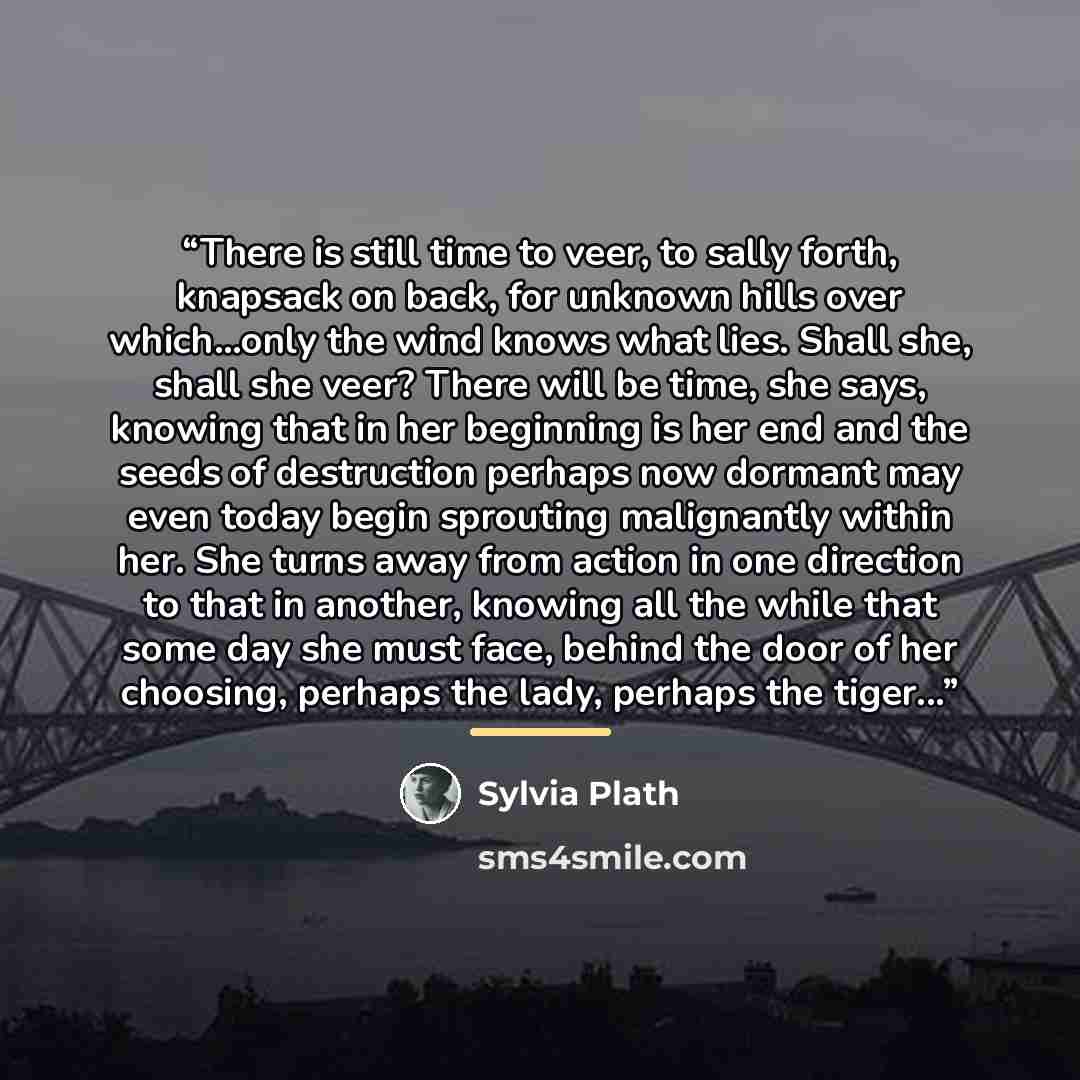 “There is still time to veer, to sally forth, knapsack on back, for unknown hills over which…only the wind knows what lies. Shall she, shall she veer? There will be time, she says, knowing that in her beginning is her end and the seeds of destruction perhaps now dormant may even today begin…” quote by Sylvia Plath